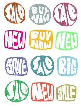 Sale slogan button collection in multiple color over white Stock Illustration