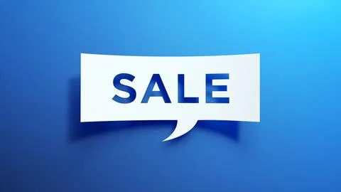 Sale. Speech Bubble Message. White Cut Out Paper on Blue Background. 3D Render. Illustrazione stock