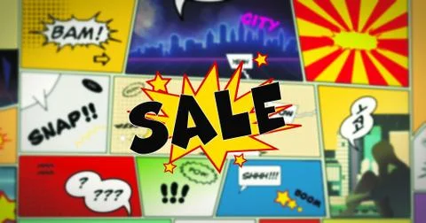 Sale speech bubble text in the foreground of colorful comic strip Stock Illustration