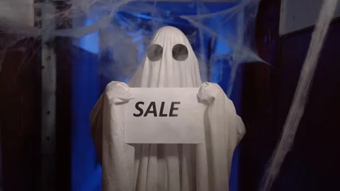 Sale template design in ghost hands. Big sale or seasonal discount. Halloween Stock Footage 314305732