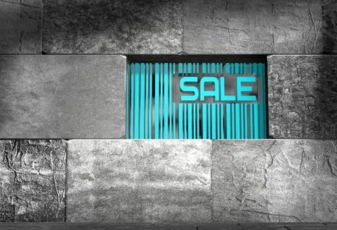 Sale text and bar code on concrete wall Sale word and bar code on concrete... Stock-Fotos