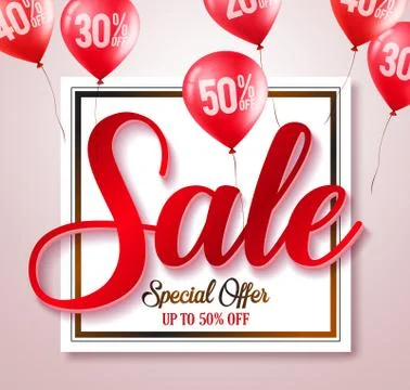Sale text typography vector banner with percent written in red balloons Stock Illustration