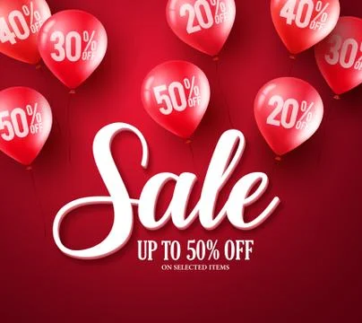 Sale typography text vector banner design with red balloons elements flying Illustrazione stock