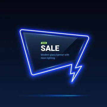 Sale vector template with neon lights. Dialog bubble with thunder flash sign Stock Illustration