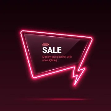 Sale vector template with neon lights. Dialog bubble with thunder flash sign Stock Illustration