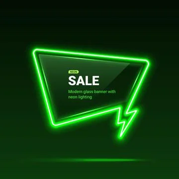 Sale vector template with neon lights. Dialog bubble with thunder flash sign Stock Illustration