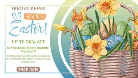 Sale Web Banner with a Basket of Easter Eggs and yellow daffodils. Easter Sal Stock Illustration
