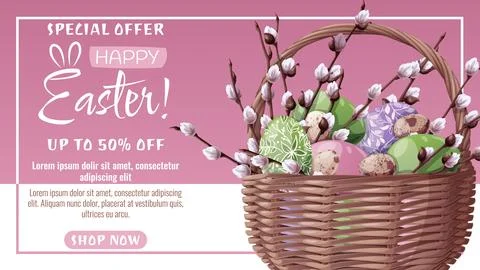 Sale Web Banner with a Basket of Easter Eggs and branches of fluffy willow. E Illustrazione stock