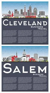 Salem Oregon and Cleveland Ohio City Skyline Set. Stock Illustration