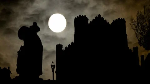 Salem: Witch Museum By Night with Dark Atmosphere, Fog, Smoke, and Full Moon Stock Footage 300389406