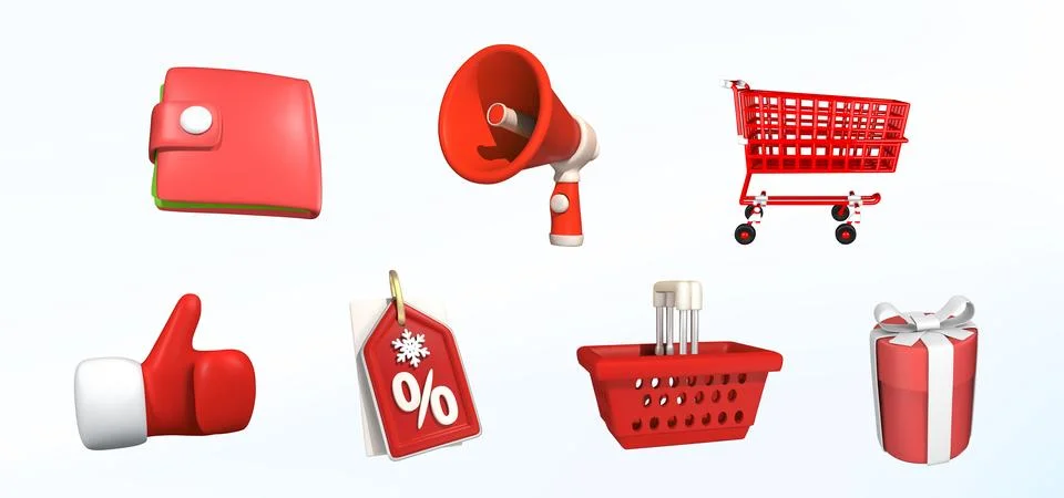 Sales 3d render realistic vector red 3d icon set. Basket, gift, megaphone Stock Illustration