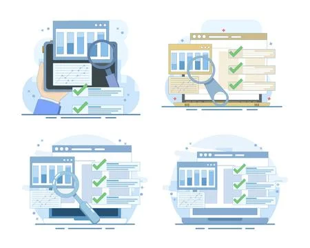Sales analytics set, computer dashboard with growth graphs, stock market audit. Stock Illustration
