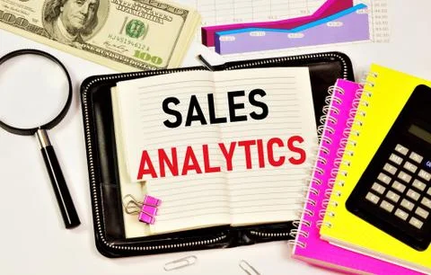 Sales Analytics, a text label in the planning Notepad. Stock Photos
