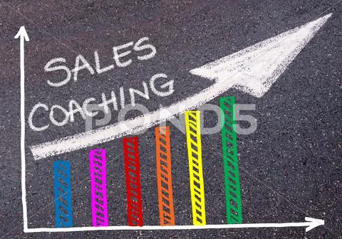 SALES COACHING written over colorful graph and rising arrow Stock Photos