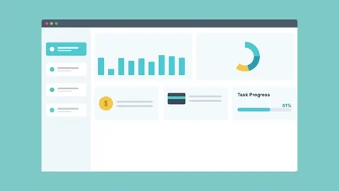Sales dashboard in browser with charts and stat cards, teal Vídeos de archivo 342593873