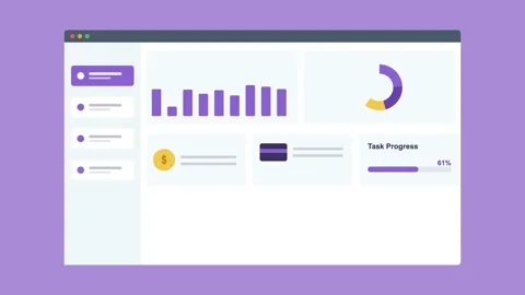 Sales dashboard in browser with charts and stat cards, violet Video stock 342593875