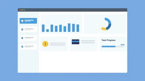Sales dashboard in browser with charts and stat cards, blue 스톡 동영상 342593897