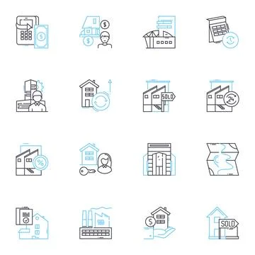 Sales equity linear icons set. Valuation, Shares, Acquisition, Divestiture Stock Illustration