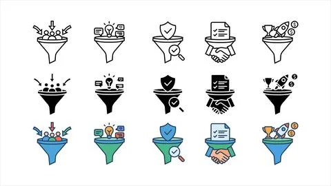 Sales funnel conversion flow icon set Stock Illustration