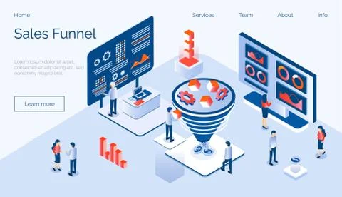 Sales funnel isometric concept vector with tiny people, diagram, coins, gears Stock Illustration
