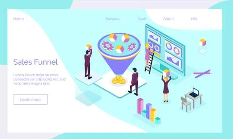 Sales funnel isometric concept vector with tiny people, diagram, coins, gears Stock Illustration