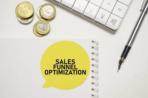 Sales funnel optimization on yellow sticker on pen with coin Stock Photos