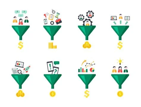 Sales funnel set. Optimization marketing system converting human labor and time Stock Illustration