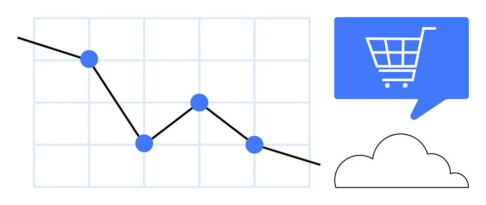 Sales graph descending with data points, blue shopping cart icon, and cloud s 스톡 일러스트