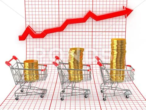Sales growth. shopping basket with coins. 3d Stock Illustration