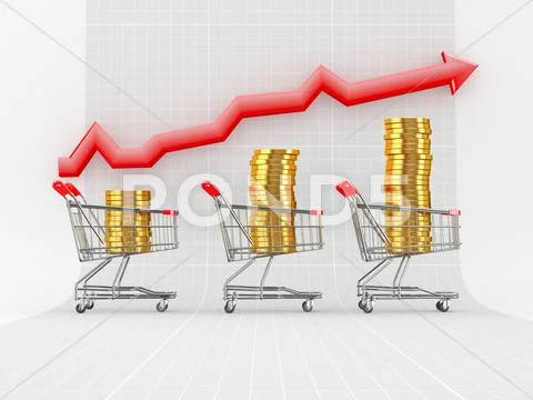 Sales growth. shopping basket with coins. 3d Stock Illustration