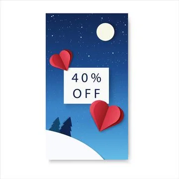 Sales illustration for mobile story with text 40 OFF. Paper cut. Hearts fly in Stock Illustration