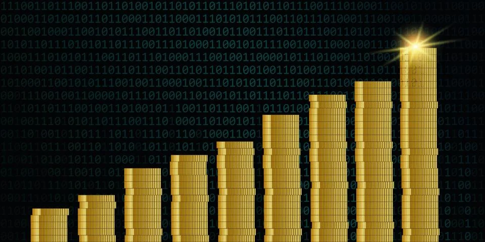 Sales increase coins on binary code background finance concept Stock Illustration