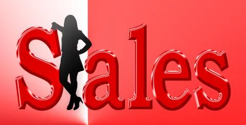 Sales lady standing in text red and white Stock Illustration