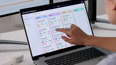 Sales Manager Analyzing Pipeline Data On Laptop Stock Footage 332910656