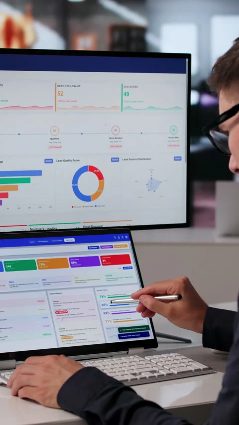 Sales Manager Using Dual Touchscreen Laptop Stock Footage 342964974