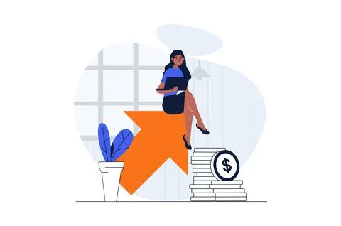 Sales performance web concept with character scene. Woman working with financ Stock Illustration