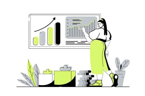 Sales performance web concept with flat cartoon people for website design. .. Stock Illustration