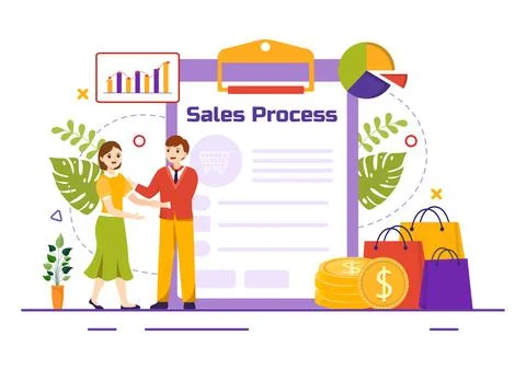 Sales Process Vector Illustration with Steps of Communication for Attractin.. Stock Illustration