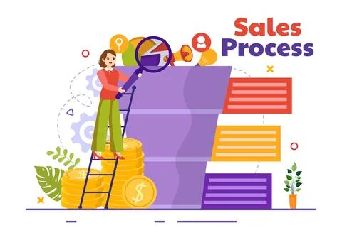 Sales Process Vector Illustration with Steps of Communication for Attractin.. Stock Illustration