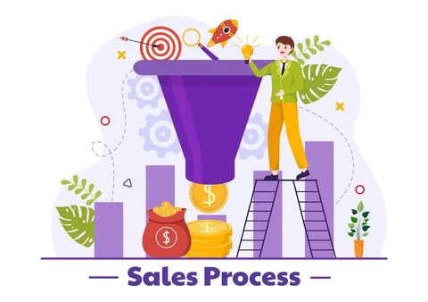 Sales Process Vector Illustration with Steps of Communication for Attractin.. Stock Illustration