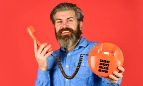 Sales script. Answering machine. Lead generation specialist. Bearded man phone Stock Photos