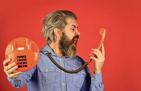 Sales script. Answering machine. Lead generation specialist. Bearded man phone Stock Photos