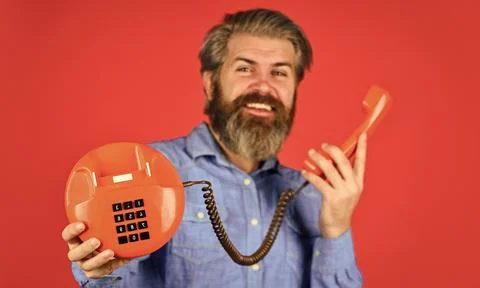 Sales script. Answering machine. Lead generation specialist. Bearded man phone Stock Photos