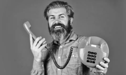 Sales script. Answering machine. Lead generation specialist. Bearded man phone Stock Photos