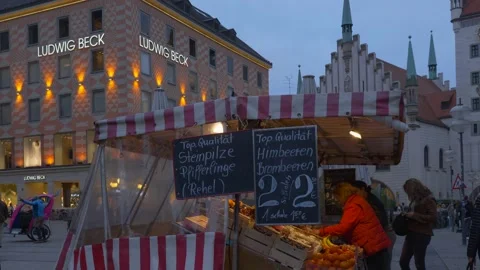 Sales stand for fruit and vegetables on Marienplatz, Munich, Bavaria, Germany Stock Footage 219638716
