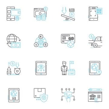 Sales tracking linear icons set. Metrics, Pipeline, Conversion, Forecasting Stock Illustration