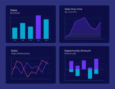 Sales tracking report graph ux dashboard dark set 스톡 일러스트
