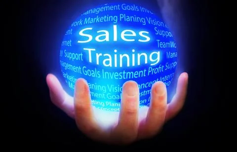 Sales Training globe in hand blue,concept background isolated black business Stock Illustration