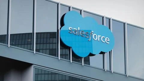 Salesforce Stock data presented on the logo of the office facade editorial Stock Photos