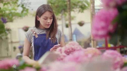Saleswoman using smartphone while examining hydrangea flowers Stock Footage 79659967